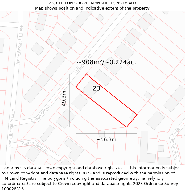 23, CLIFTON GROVE, MANSFIELD, NG18 4HY: Plot and title map