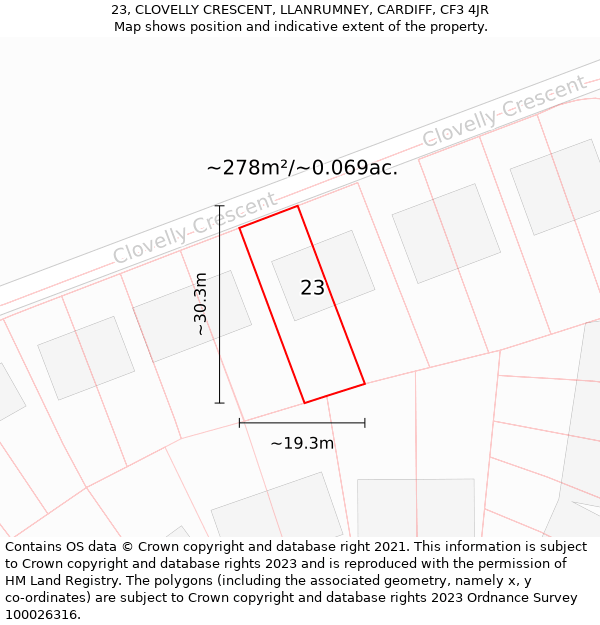 23, CLOVELLY CRESCENT, LLANRUMNEY, CARDIFF, CF3 4JR: Plot and title map