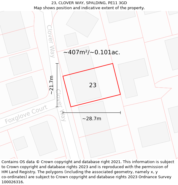 23, CLOVER WAY, SPALDING, PE11 3GD: Plot and title map