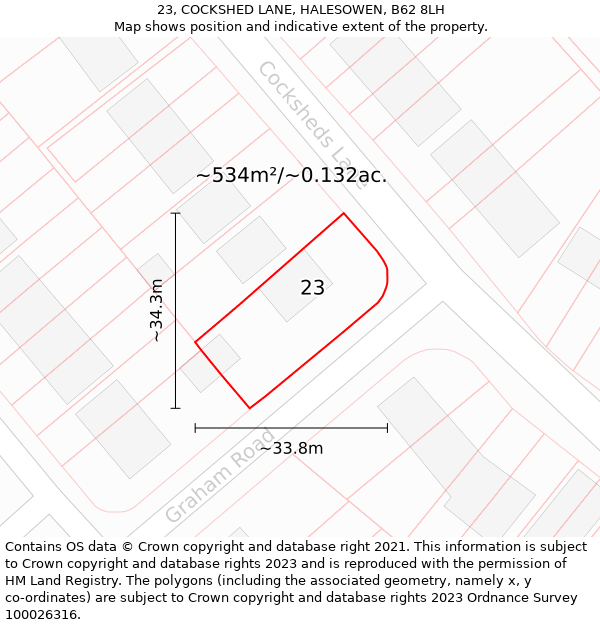 23, COCKSHED LANE, HALESOWEN, B62 8LH: Plot and title map