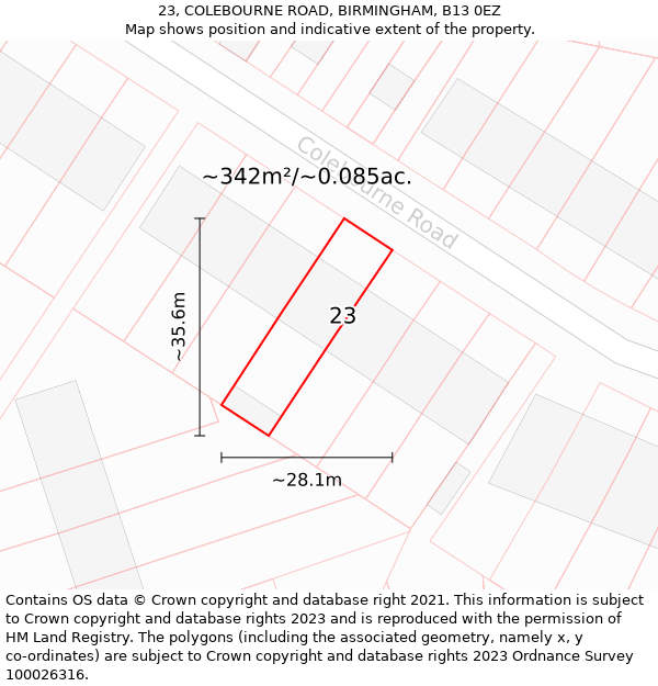 23, COLEBOURNE ROAD, BIRMINGHAM, B13 0EZ: Plot and title map