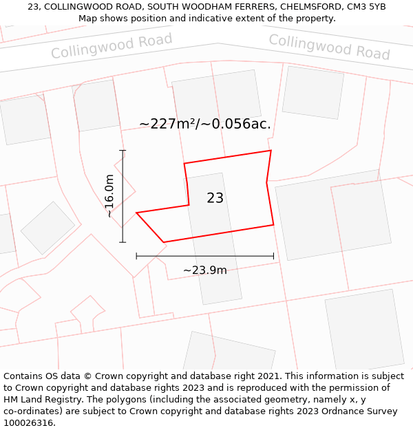 23, COLLINGWOOD ROAD, SOUTH WOODHAM FERRERS, CHELMSFORD, CM3 5YB: Plot and title map