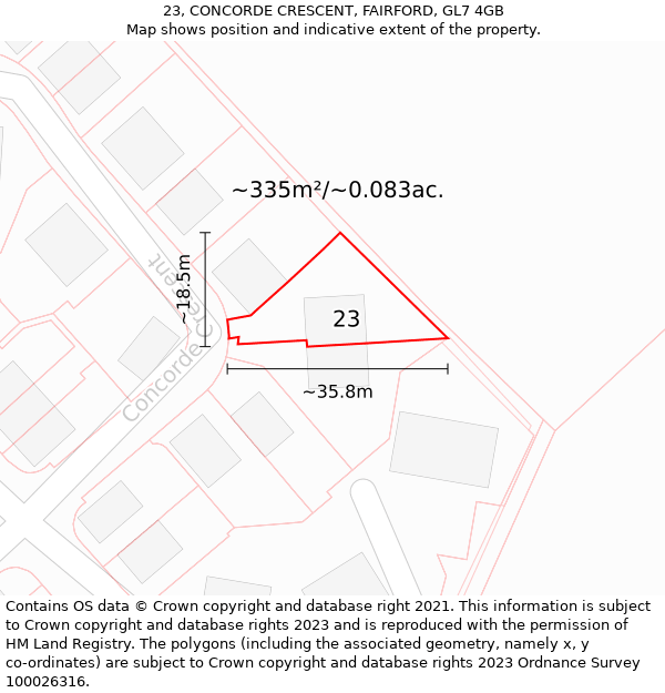 23, CONCORDE CRESCENT, FAIRFORD, GL7 4GB: Plot and title map