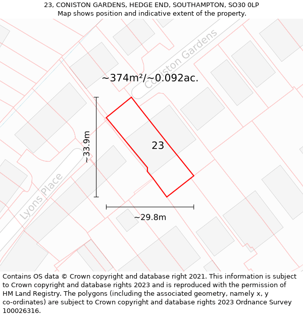 23, CONISTON GARDENS, HEDGE END, SOUTHAMPTON, SO30 0LP: Plot and title map