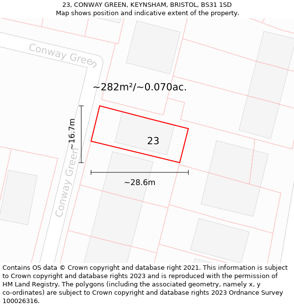 23, CONWAY GREEN, KEYNSHAM, BRISTOL, BS31 1SD: Plot and title map