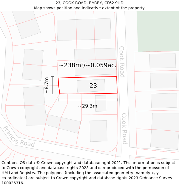 23, COOK ROAD, BARRY, CF62 9HD: Plot and title map