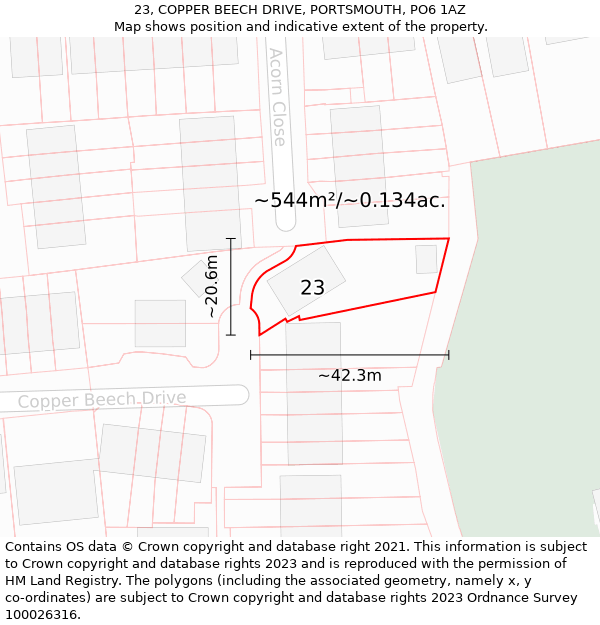 23, COPPER BEECH DRIVE, PORTSMOUTH, PO6 1AZ: Plot and title map