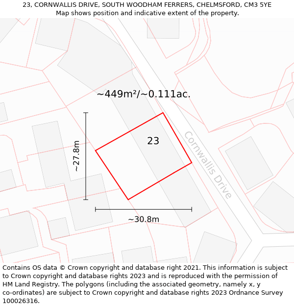 23, CORNWALLIS DRIVE, SOUTH WOODHAM FERRERS, CHELMSFORD, CM3 5YE: Plot and title map