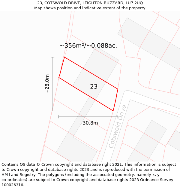 23, COTSWOLD DRIVE, LEIGHTON BUZZARD, LU7 2UQ: Plot and title map