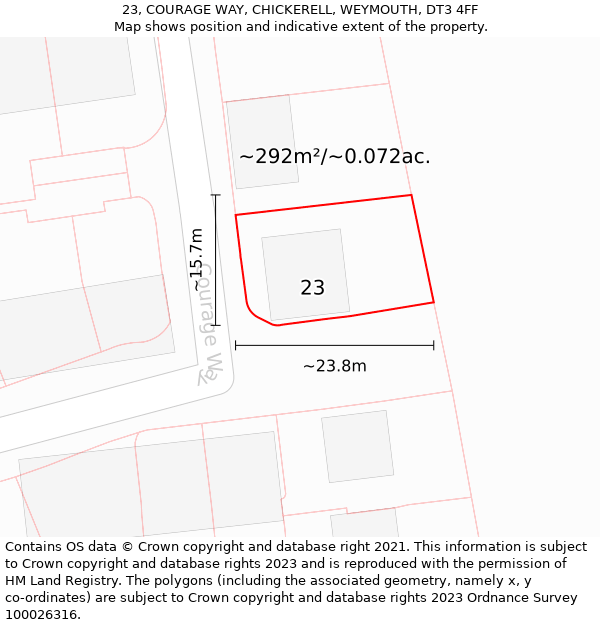 23, COURAGE WAY, CHICKERELL, WEYMOUTH, DT3 4FF: Plot and title map