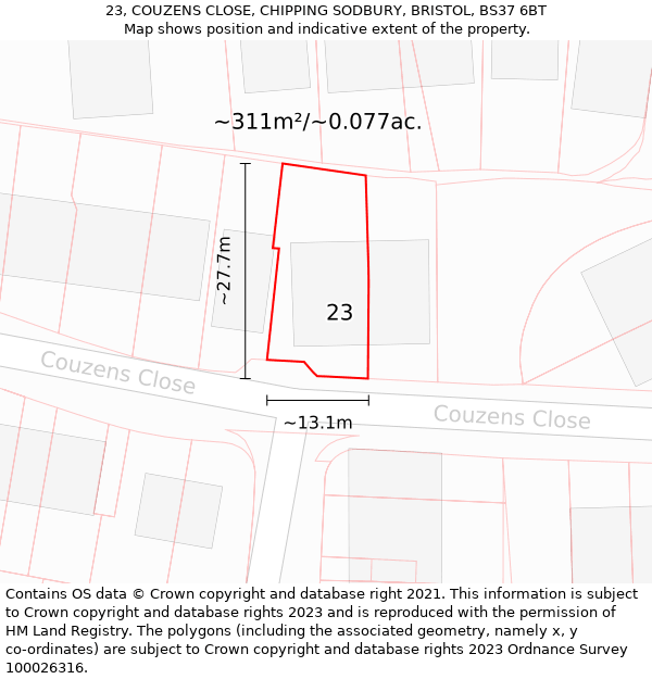 23, COUZENS CLOSE, CHIPPING SODBURY, BRISTOL, BS37 6BT: Plot and title map