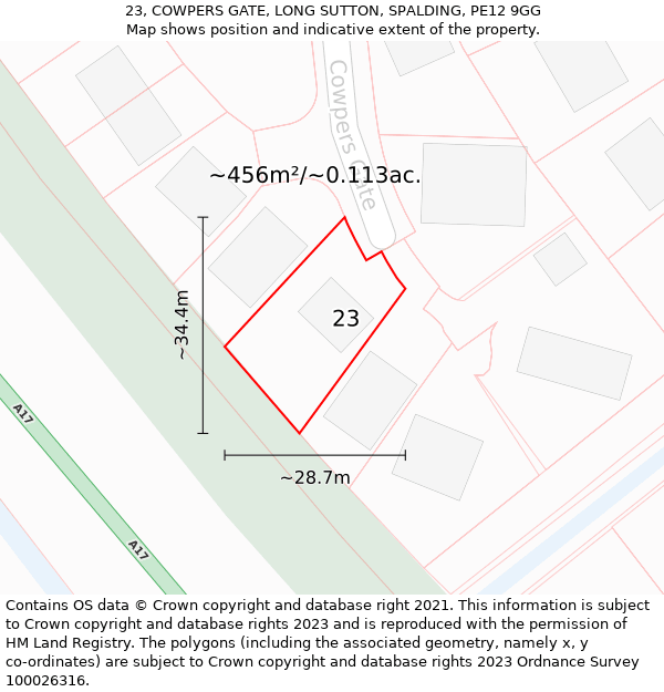 23, COWPERS GATE, LONG SUTTON, SPALDING, PE12 9GG: Plot and title map