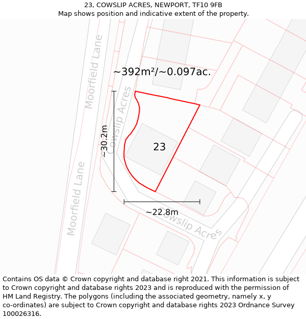 23, COWSLIP ACRES, NEWPORT, TF10 9FB: Plot and title map