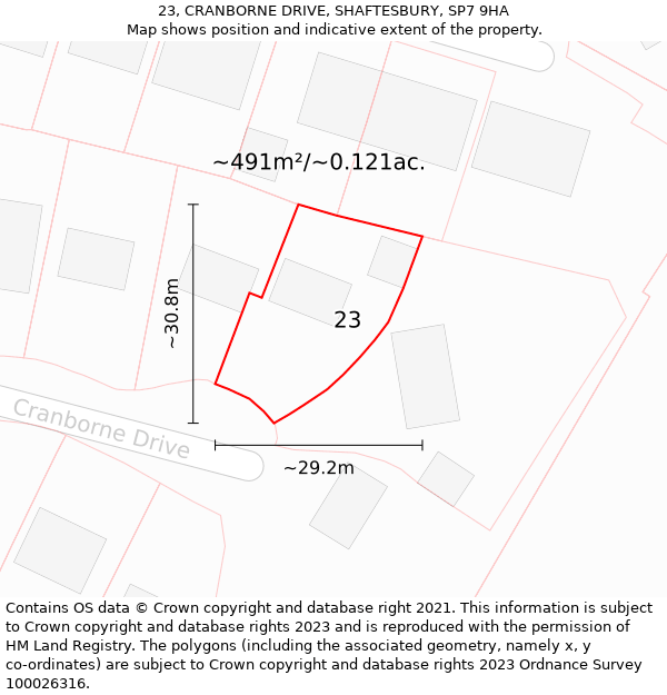 23, CRANBORNE DRIVE, SHAFTESBURY, SP7 9HA: Plot and title map