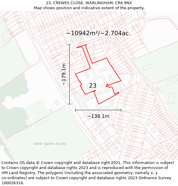 23, CREWES CLOSE, WARLINGHAM, CR6 9NX: Plot and title map