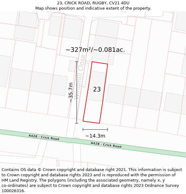 23, CRICK ROAD, RUGBY, CV21 4DU: Plot and title map