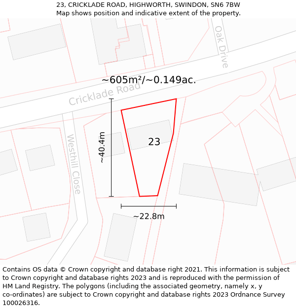 23, CRICKLADE ROAD, HIGHWORTH, SWINDON, SN6 7BW: Plot and title map