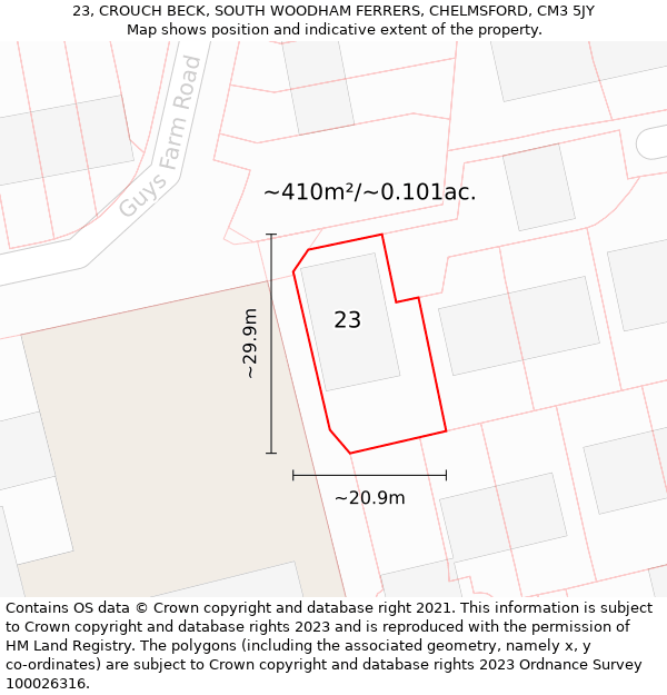 23, CROUCH BECK, SOUTH WOODHAM FERRERS, CHELMSFORD, CM3 5JY: Plot and title map