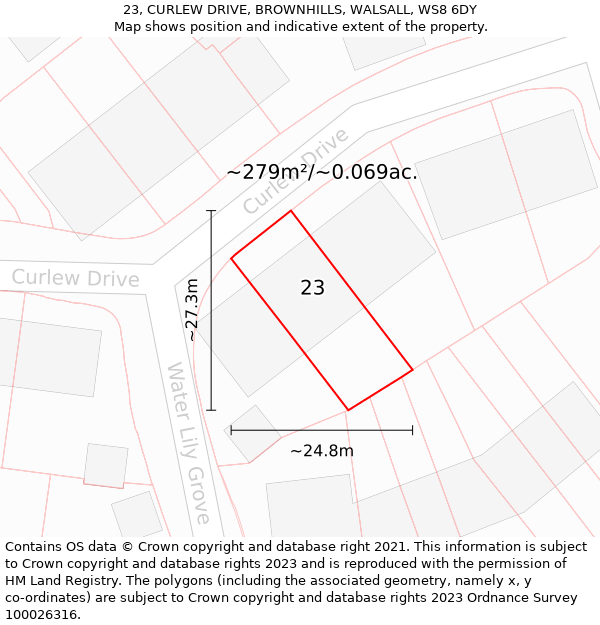 23, CURLEW DRIVE, BROWNHILLS, WALSALL, WS8 6DY: Plot and title map