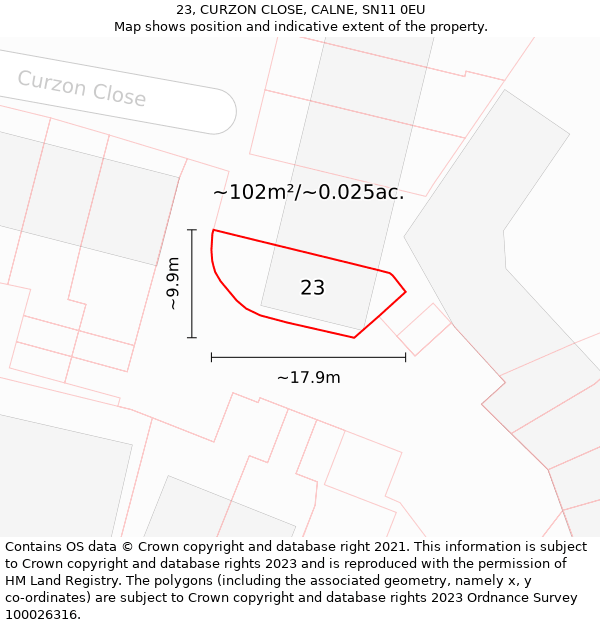 23, CURZON CLOSE, CALNE, SN11 0EU: Plot and title map