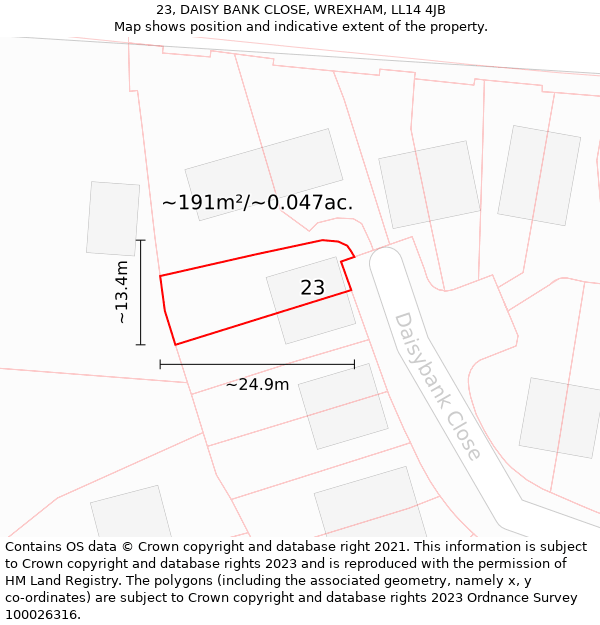 23, DAISY BANK CLOSE, WREXHAM, LL14 4JB: Plot and title map