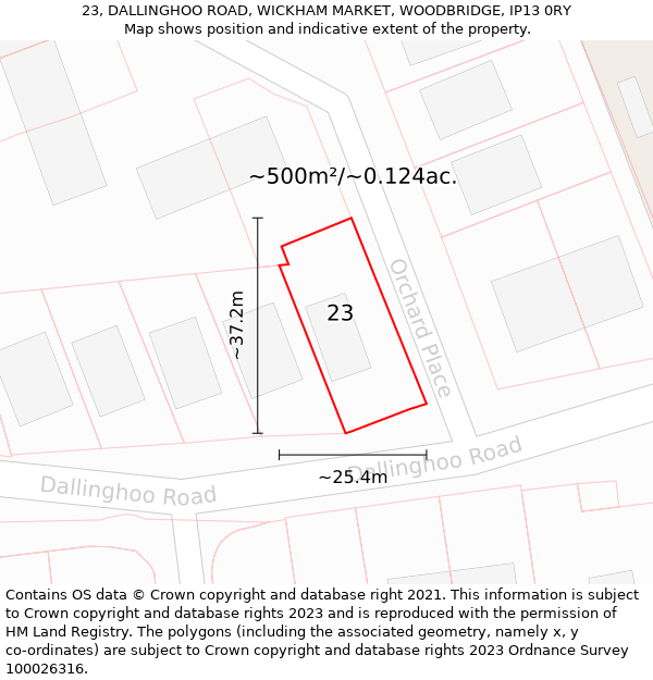 23, DALLINGHOO ROAD, WICKHAM MARKET, WOODBRIDGE, IP13 0RY: Plot and title map