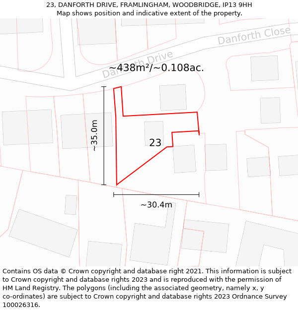 23, DANFORTH DRIVE, FRAMLINGHAM, WOODBRIDGE, IP13 9HH: Plot and title map