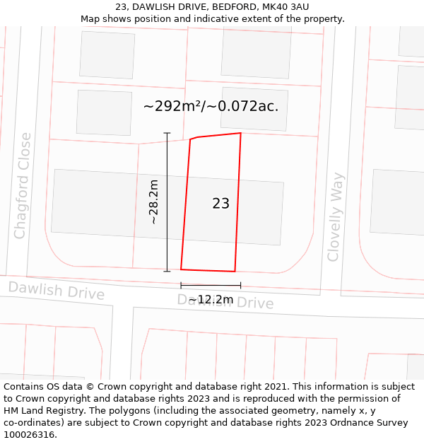 23, DAWLISH DRIVE, BEDFORD, MK40 3AU: Plot and title map