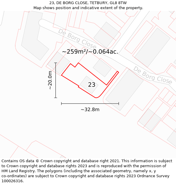 23, DE BORG CLOSE, TETBURY, GL8 8TW: Plot and title map