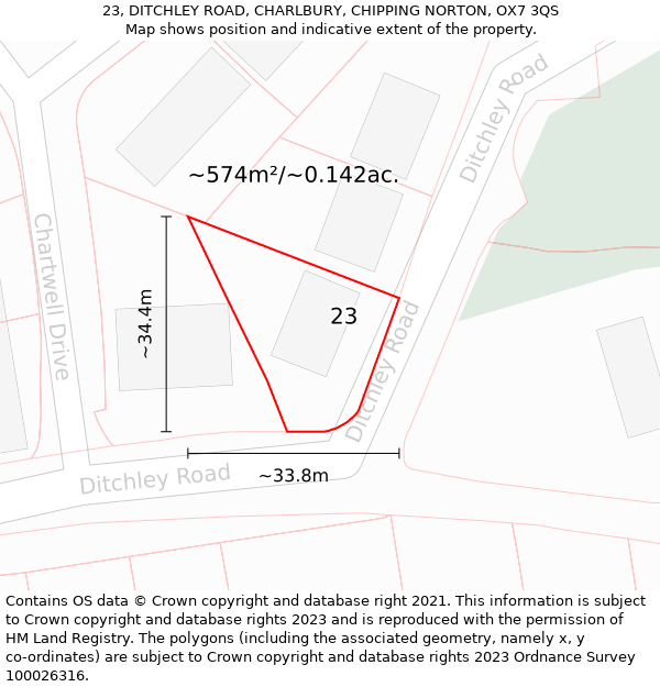 23, DITCHLEY ROAD, CHARLBURY, CHIPPING NORTON, OX7 3QS: Plot and title map