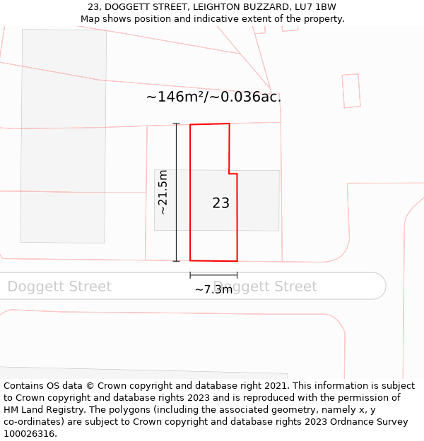 23, DOGGETT STREET, LEIGHTON BUZZARD, LU7 1BW: Plot and title map