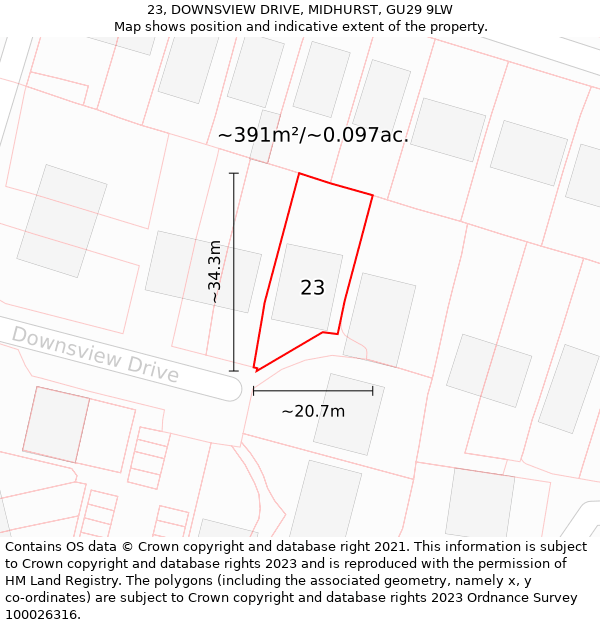 23, DOWNSVIEW DRIVE, MIDHURST, GU29 9LW: Plot and title map