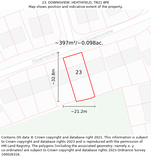 23, DOWNSVIEW, HEATHFIELD, TN21 8PE: Plot and title map