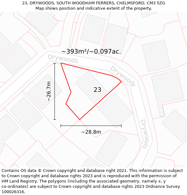 23, DRYWOODS, SOUTH WOODHAM FERRERS, CHELMSFORD, CM3 5ZG: Plot and title map