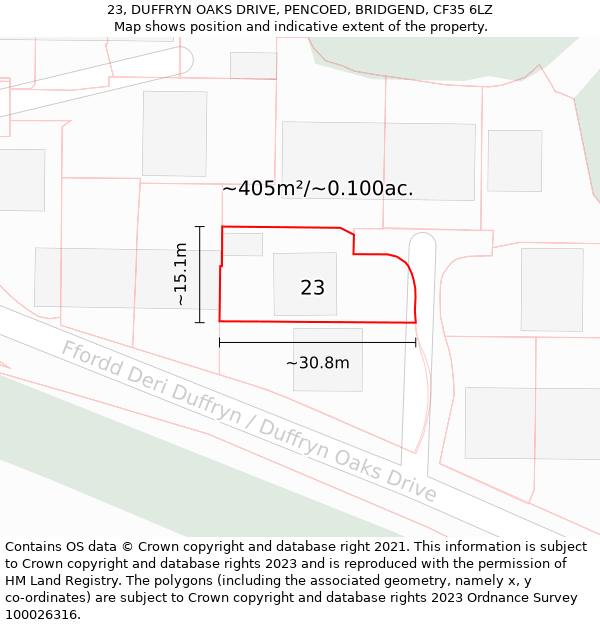 23, DUFFRYN OAKS DRIVE, PENCOED, BRIDGEND, CF35 6LZ: Plot and title map