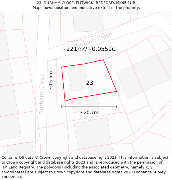 23, DURHAM CLOSE, FLITWICK, BEDFORD, MK45 1UR: Plot and title map