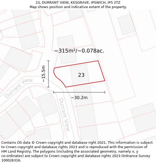 23, DURRANT VIEW, KESGRAVE, IPSWICH, IP5 2TZ: Plot and title map