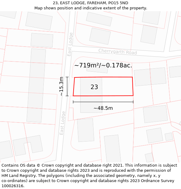 23, EAST LODGE, FAREHAM, PO15 5ND: Plot and title map