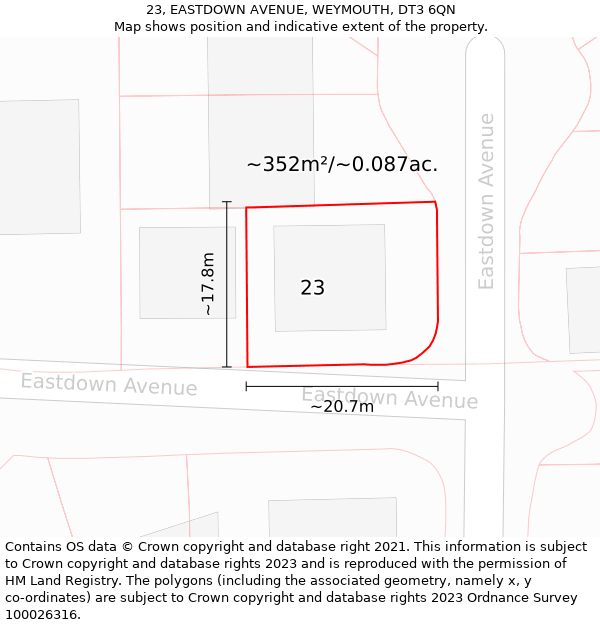 23, EASTDOWN AVENUE, WEYMOUTH, DT3 6QN: Plot and title map