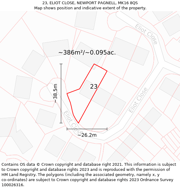 23, ELIOT CLOSE, NEWPORT PAGNELL, MK16 8QS: Plot and title map