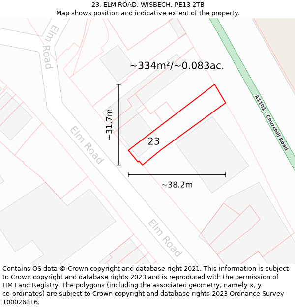 23, ELM ROAD, WISBECH, PE13 2TB: Plot and title map