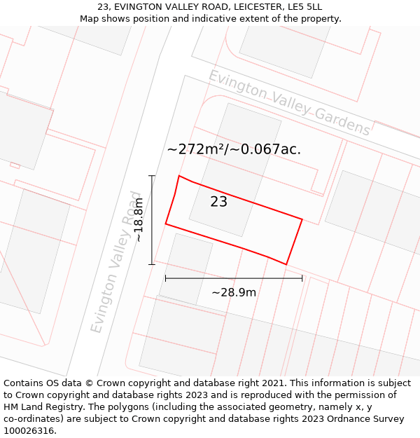 23, EVINGTON VALLEY ROAD, LEICESTER, LE5 5LL: Plot and title map