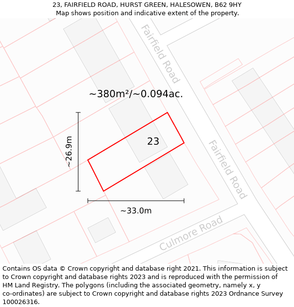 23, FAIRFIELD ROAD, HURST GREEN, HALESOWEN, B62 9HY: Plot and title map