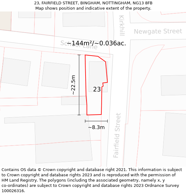 23, FAIRFIELD STREET, BINGHAM, NOTTINGHAM, NG13 8FB: Plot and title map