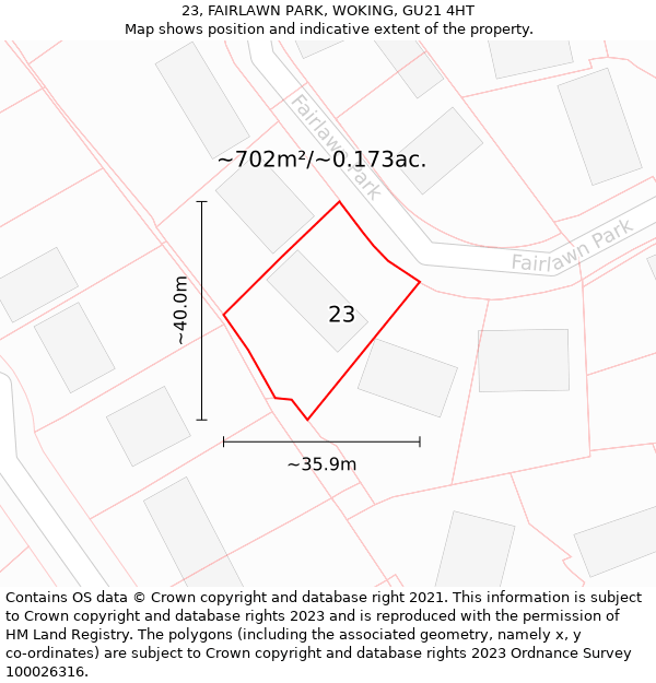 23, FAIRLAWN PARK, WOKING, GU21 4HT: Plot and title map