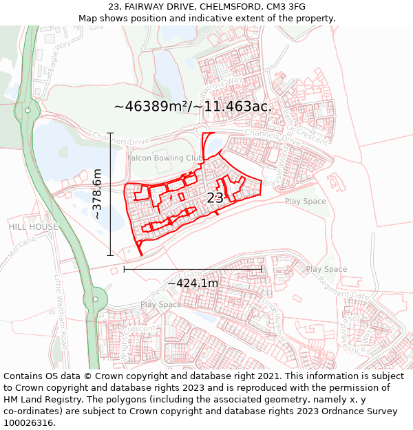 23, FAIRWAY DRIVE, CHELMSFORD, CM3 3FG: Plot and title map