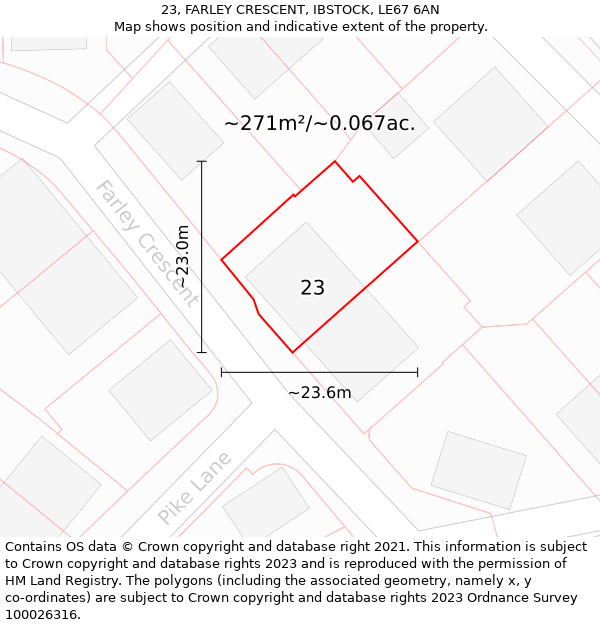 23, FARLEY CRESCENT, IBSTOCK, LE67 6AN: Plot and title map