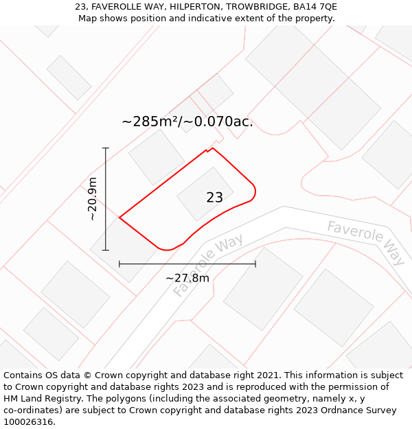 23, FAVEROLLE WAY, HILPERTON, TROWBRIDGE, BA14 7QE: Plot and title map