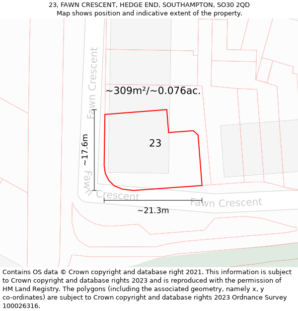 23, FAWN CRESCENT, HEDGE END, SOUTHAMPTON, SO30 2QD: Plot and title map