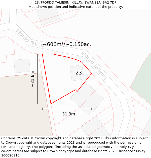 23, FFORDD TALIESIN, KILLAY, SWANSEA, SA2 7DF: Plot and title map